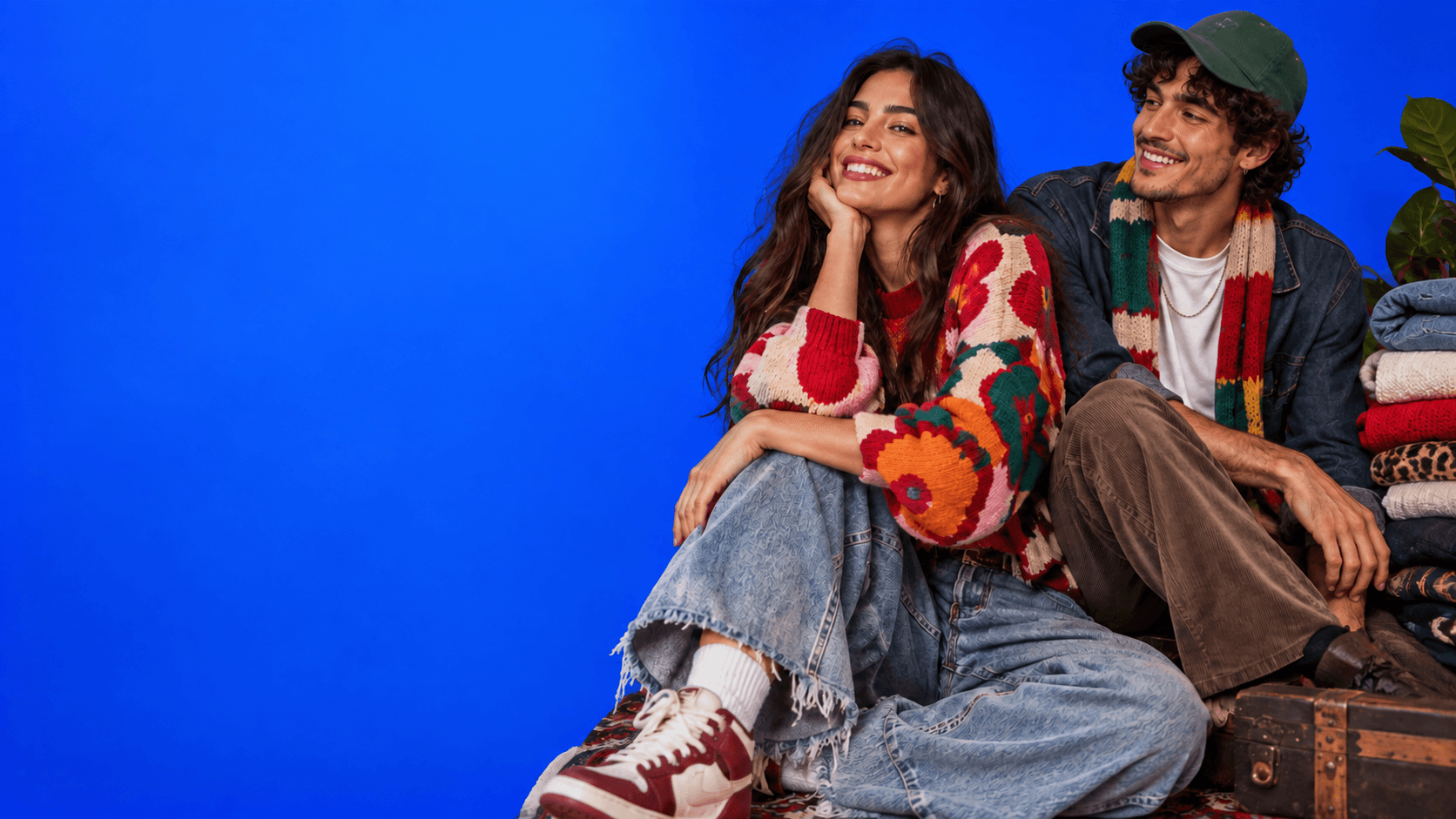 Two people wearing secondhand fashion